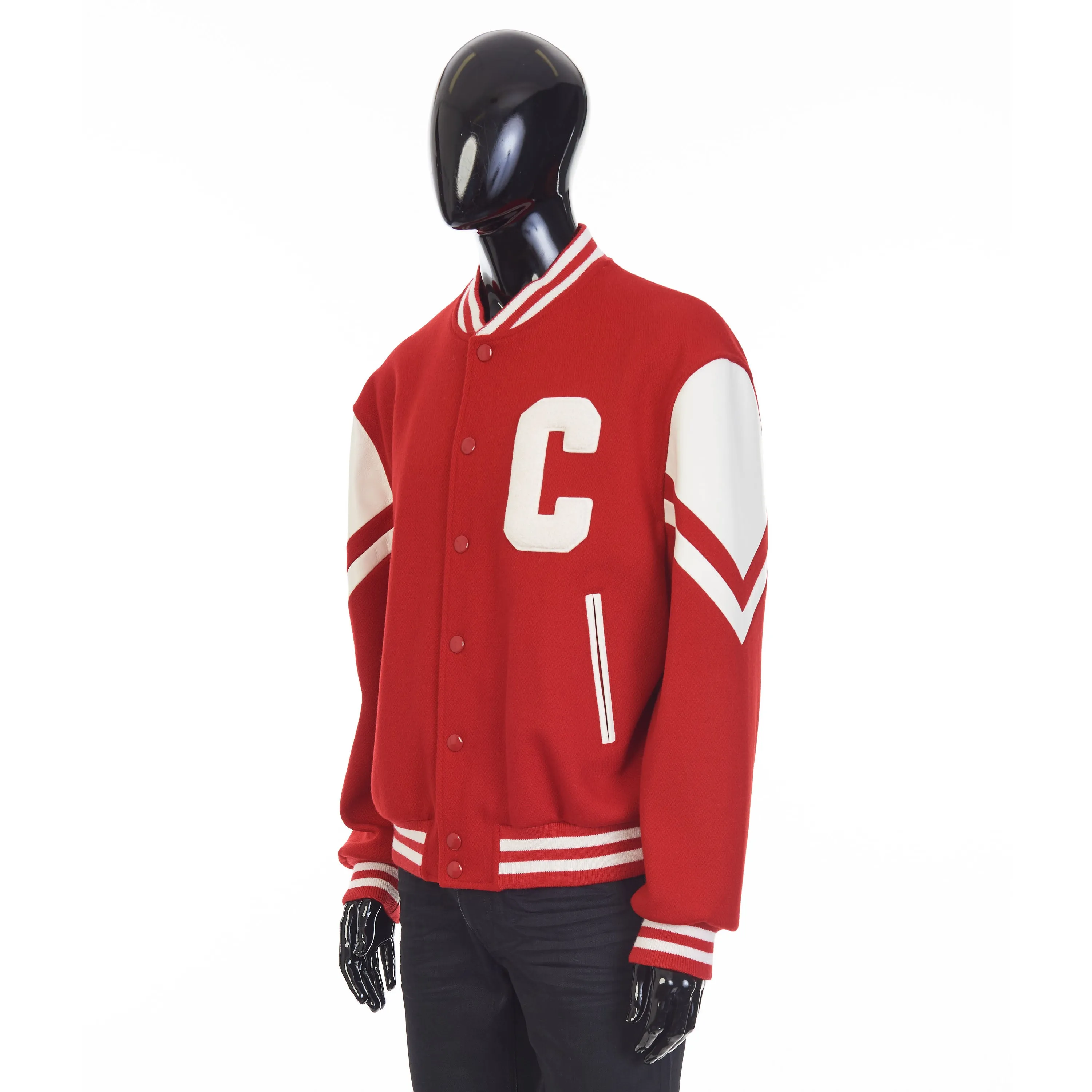 Jackson Teddy Jacket - Red Textured Wool, 'C' Patch, Leather Details