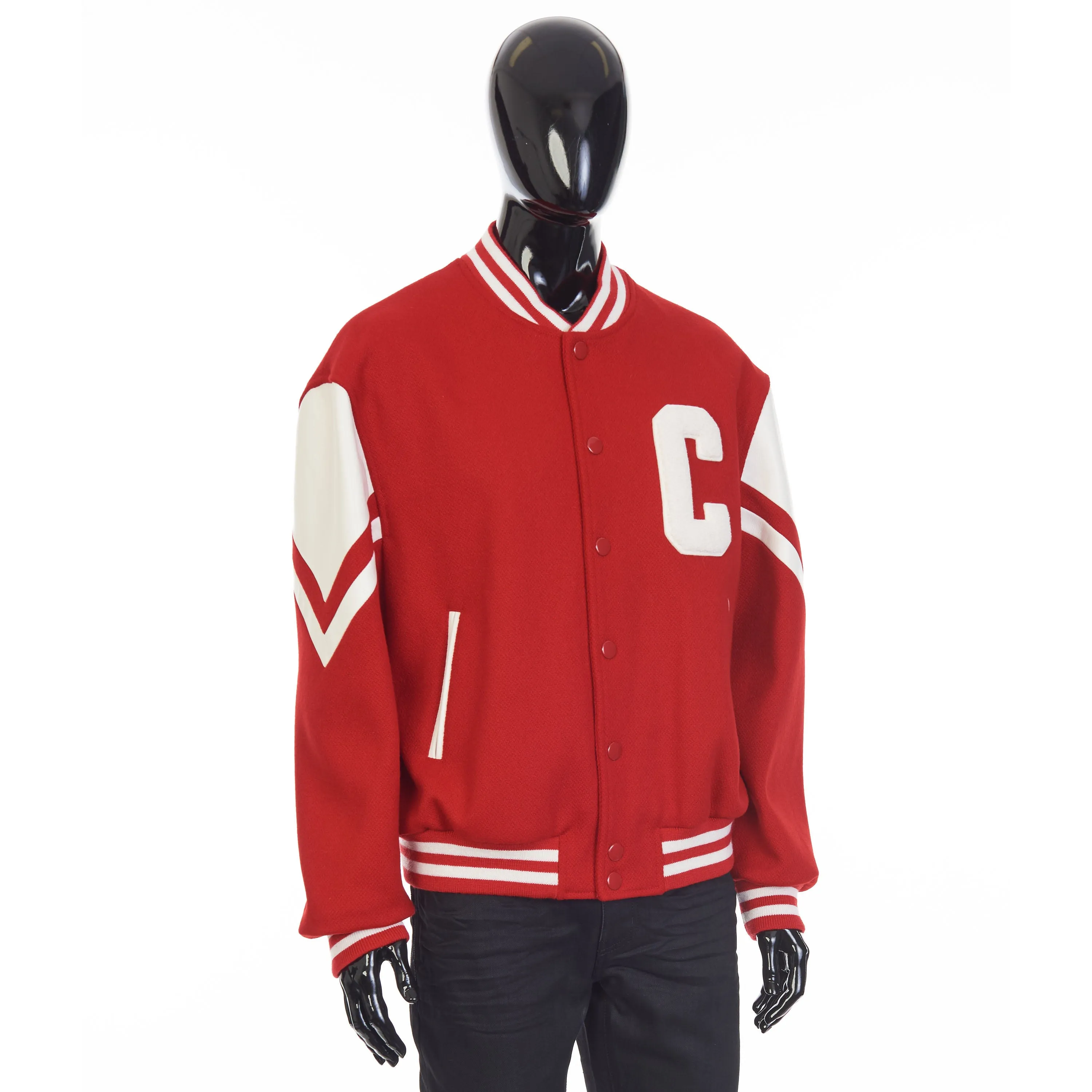 Jackson Teddy Jacket - Red Textured Wool, 'C' Patch, Leather Details