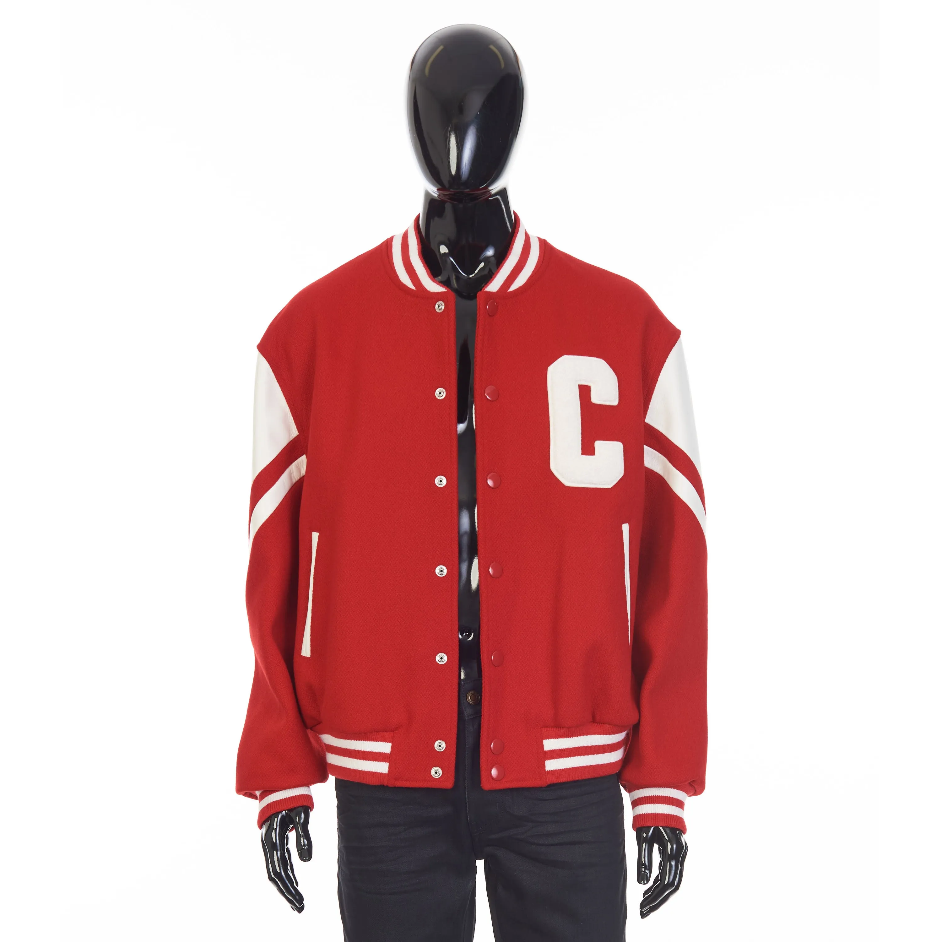 Jackson Teddy Jacket - Red Textured Wool, 'C' Patch, Leather Details