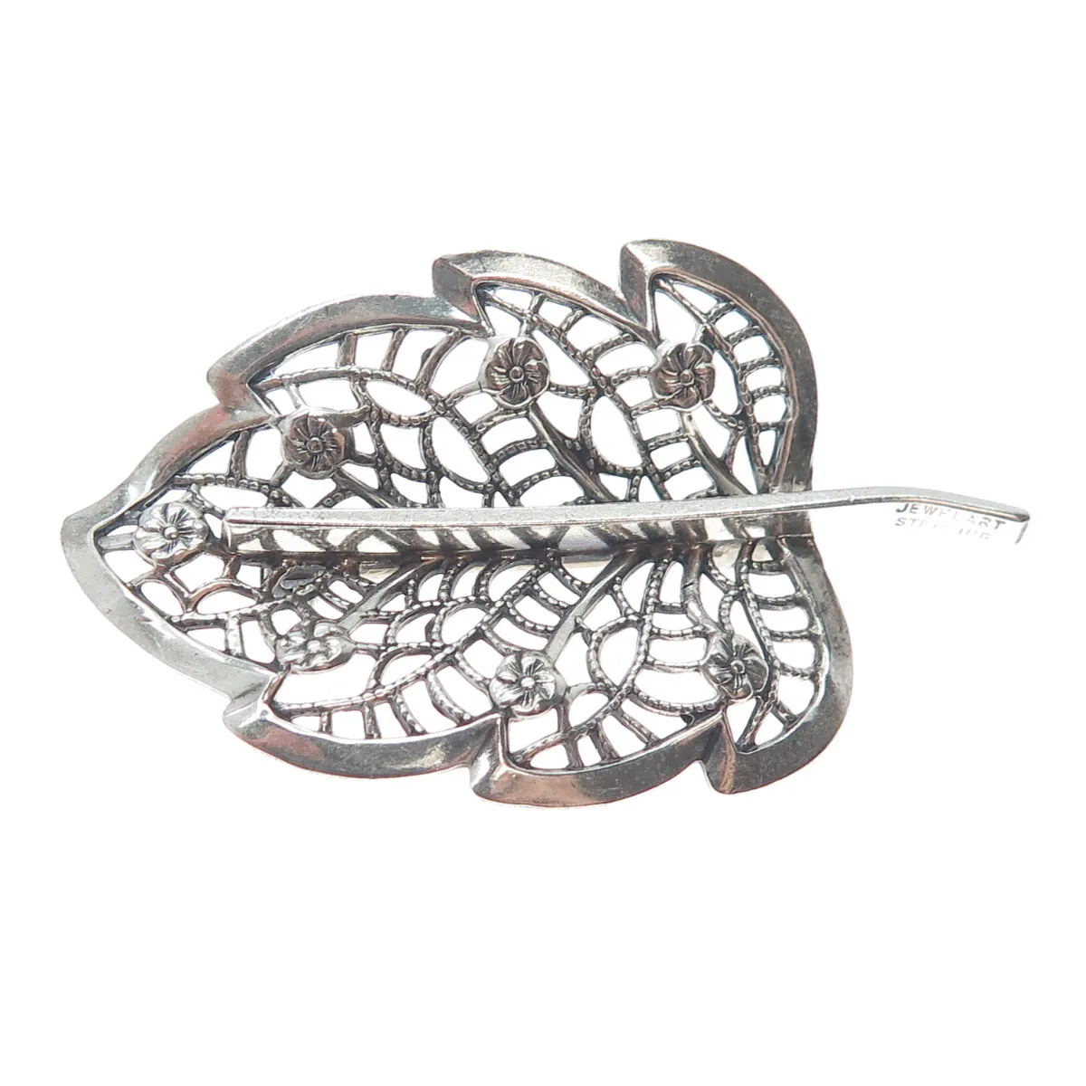 JEWELART 925 Sterling Silver Vintage Floral Leaf Filigree Oxidized Pin Brooch