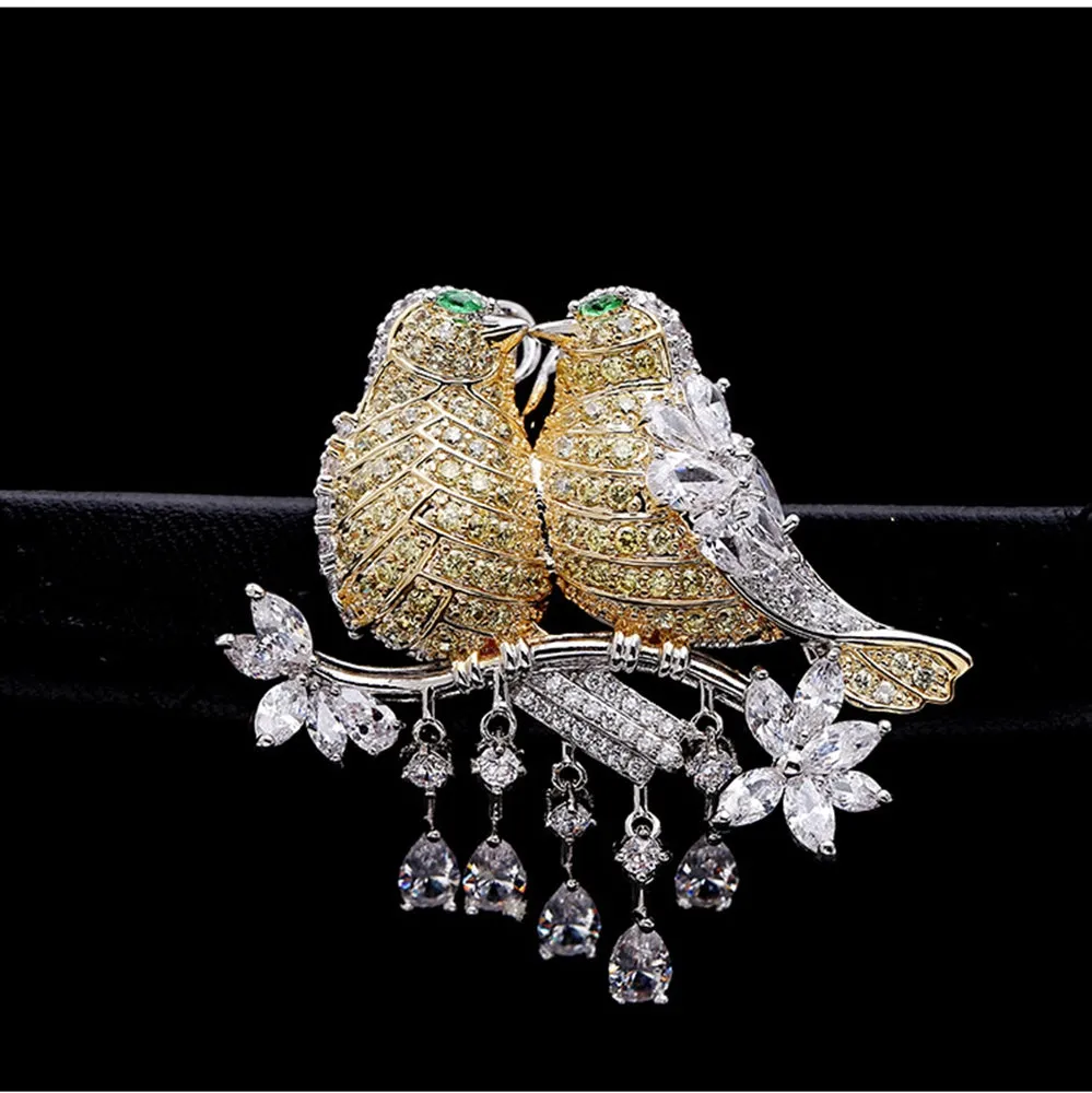 Jewelblings Gorgeous Teardrop Short Tassel Pave CZ  Green Eyes Double Yellow Love Bird Brooches Pins Valentine's Day Gift  Jewelry for Her