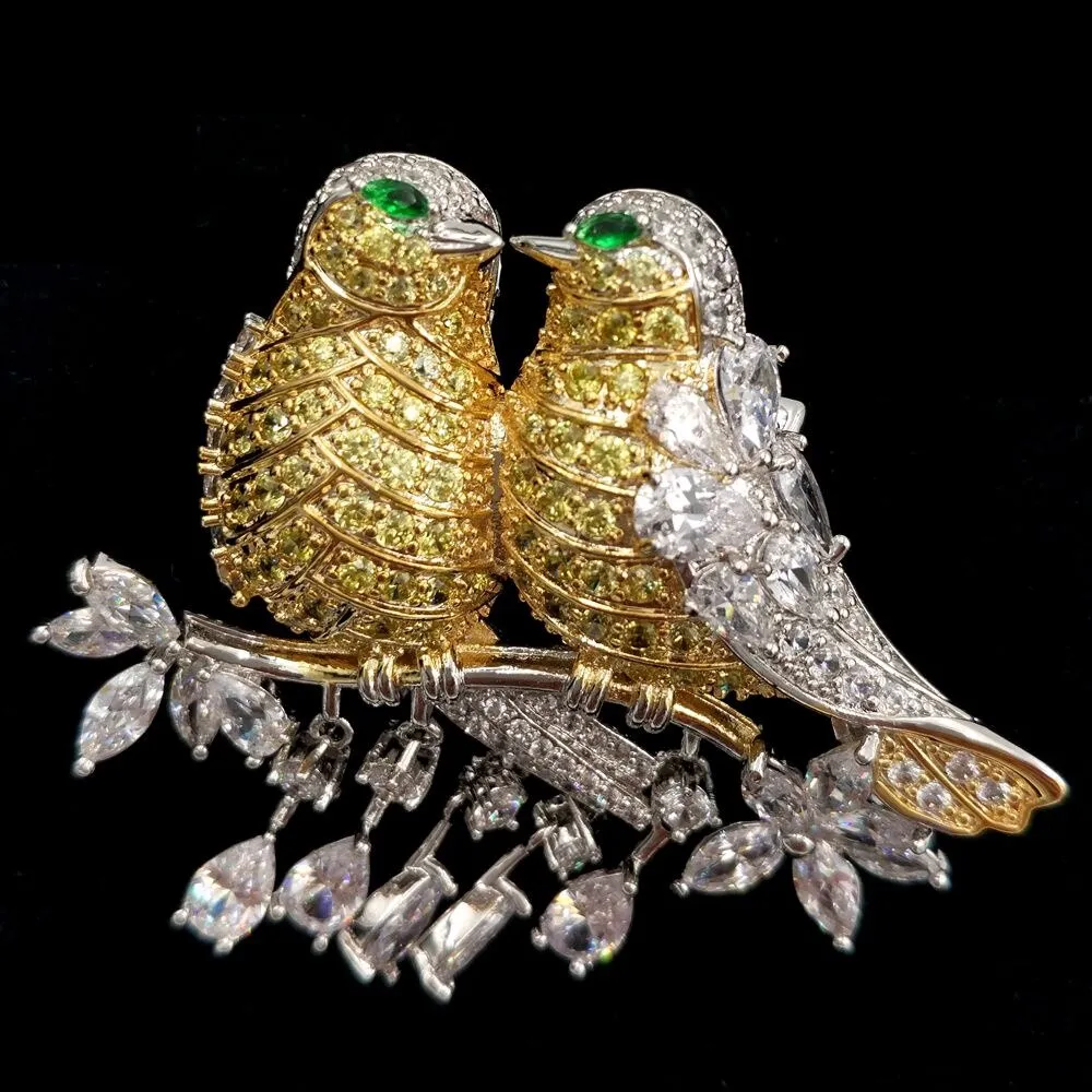 Jewelblings Gorgeous Teardrop Short Tassel Pave CZ  Green Eyes Double Yellow Love Bird Brooches Pins Valentine's Day Gift  Jewelry for Her