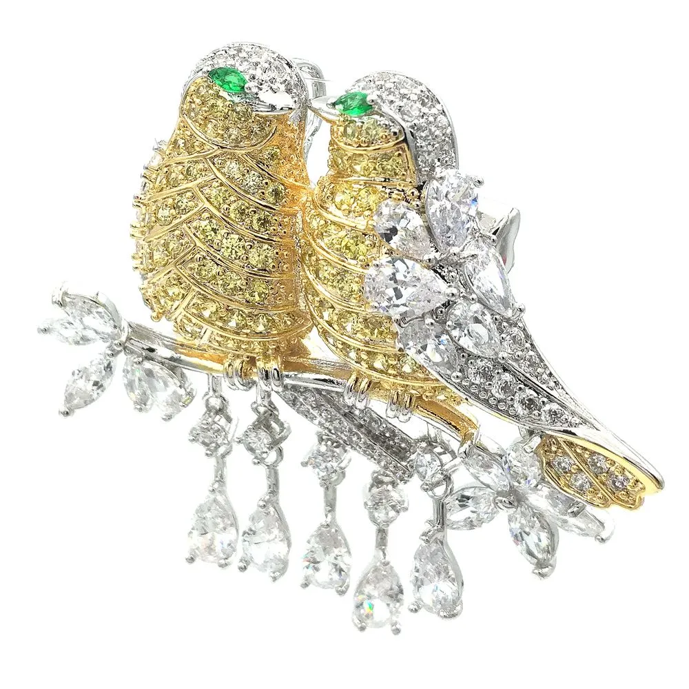 Jewelblings Gorgeous Teardrop Short Tassel Pave CZ  Green Eyes Double Yellow Love Bird Brooches Pins Valentine's Day Gift  Jewelry for Her
