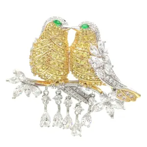 Jewelblings Gorgeous Teardrop Short Tassel Pave CZ  Green Eyes Double Yellow Love Bird Brooches Pins Valentine's Day Gift  Jewelry for Her