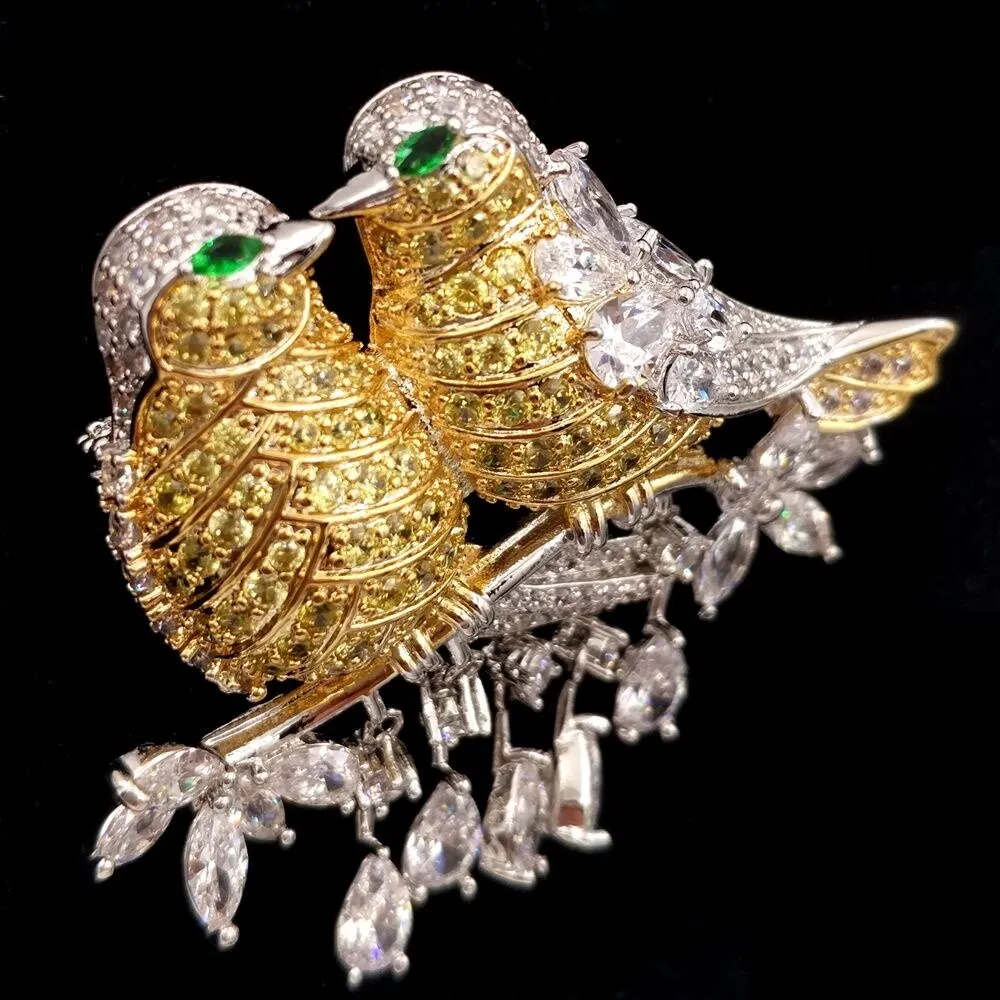 Jewelblings Gorgeous Teardrop Short Tassel Pave CZ  Green Eyes Double Yellow Love Bird Brooches Pins Valentine's Day Gift  Jewelry for Her