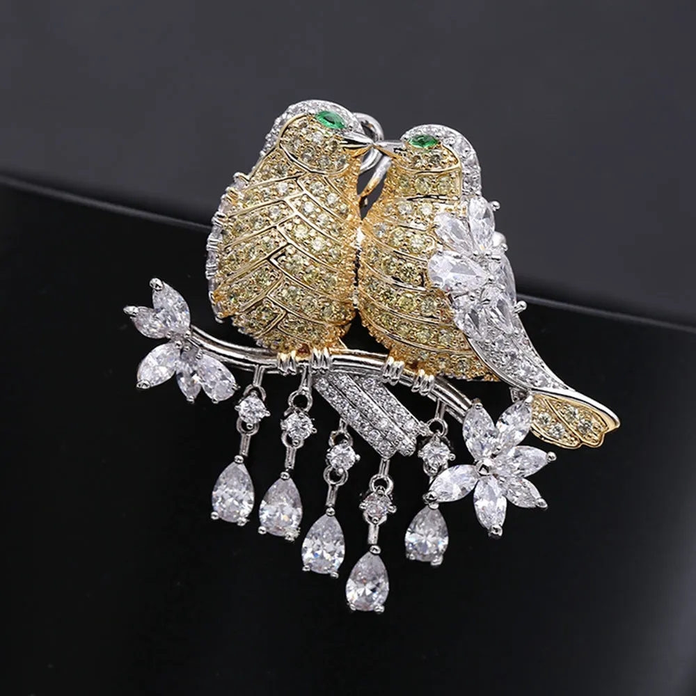 Jewelblings Gorgeous Teardrop Short Tassel Pave CZ  Green Eyes Double Yellow Love Bird Brooches Pins Valentine's Day Gift  Jewelry for Her