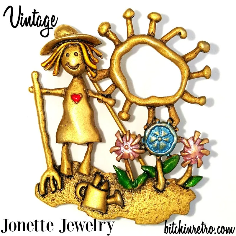 JJ Vintage Brooch  Flower Garden  Farmer  Enamel Flowered Pin