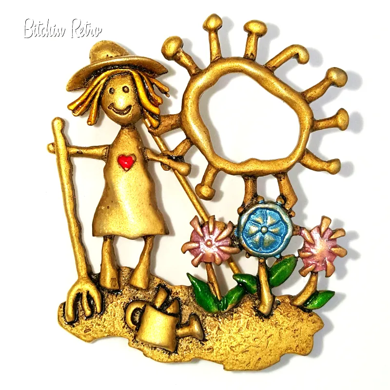 JJ Vintage Brooch  Flower Garden  Farmer  Enamel Flowered Pin