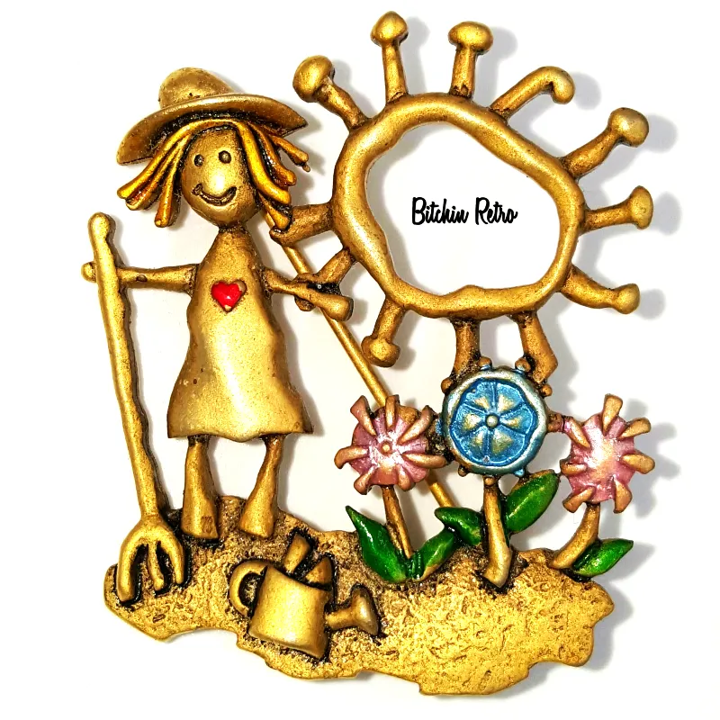 JJ Vintage Brooch  Flower Garden  Farmer  Enamel Flowered Pin