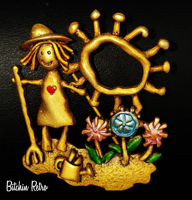 JJ Vintage Brooch  Flower Garden  Farmer  Enamel Flowered Pin