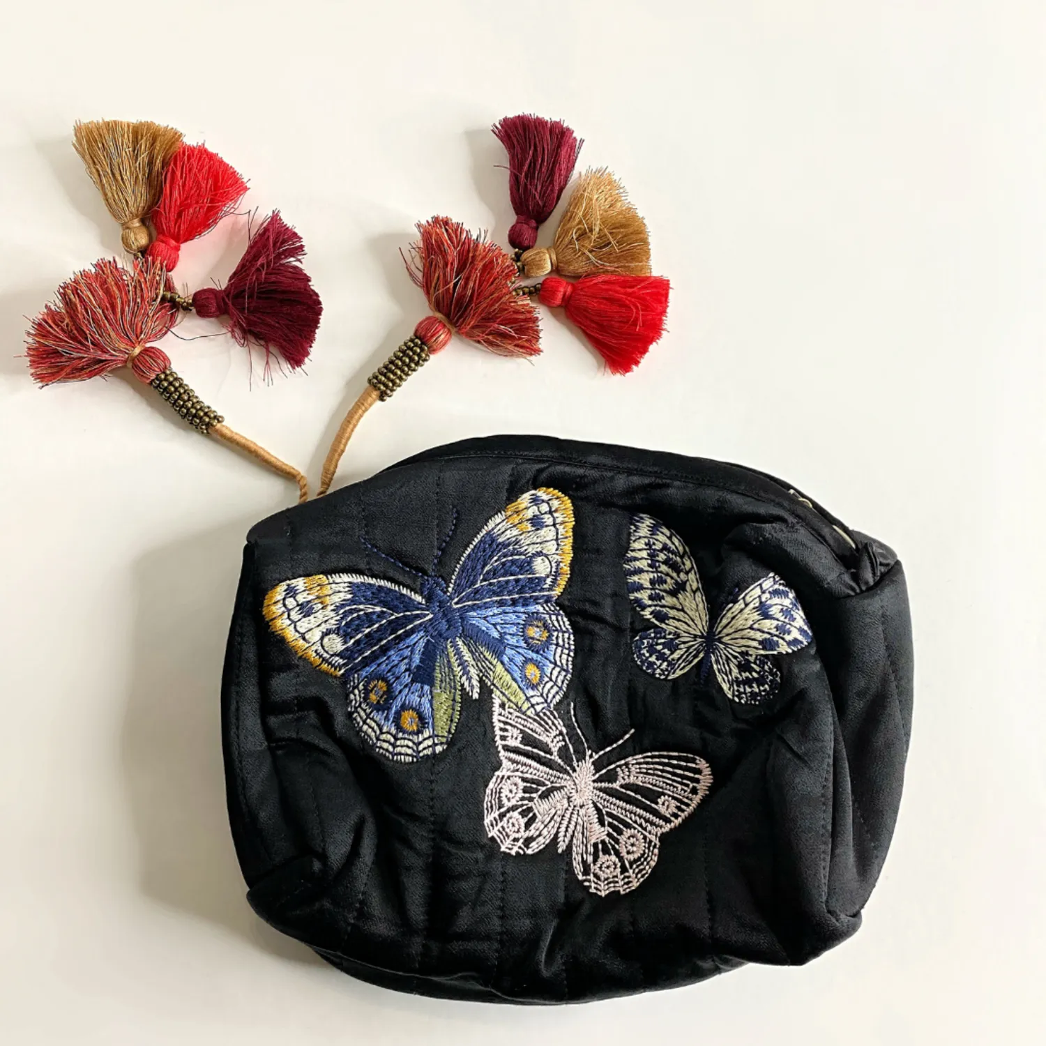 Johnny Was Paradiso Quilted Makeup Bag Butterfly Tassel Cosmetic Purse Black NEW