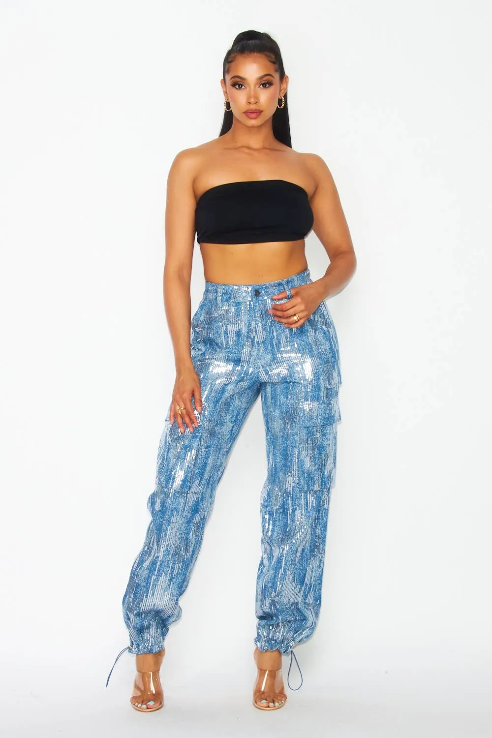 Jojo Sequin Cargo Pocket Jogger Denim Pants (HDP30818)