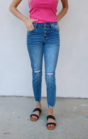 KanCan Mid Rise Button Front Distressed Ankle Skinny