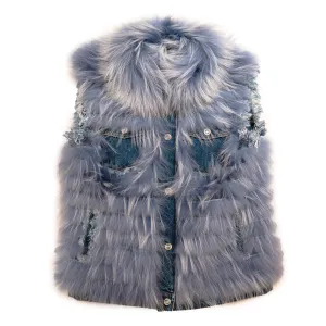 Kashani Women's Distressed Denim Fox Fur Vest