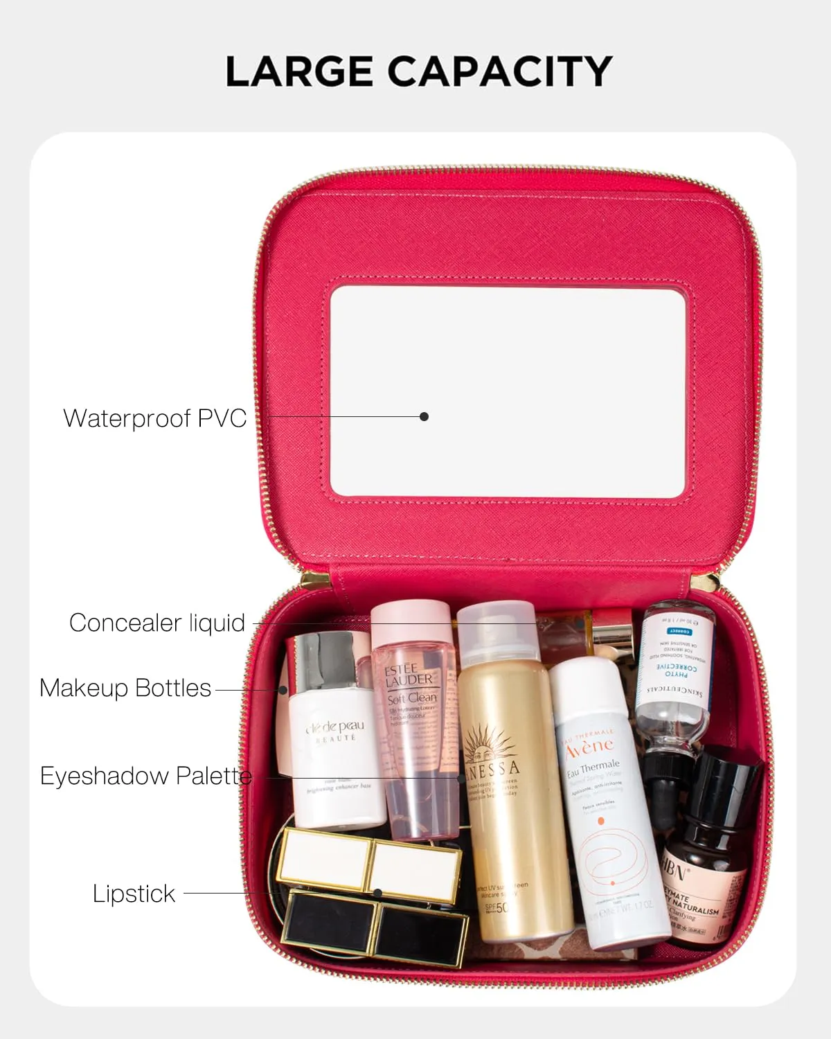 KOTORA Clear Makeup Bag Organizer, Portable Travel Toiletry Bag TSA Approved Toiletry Bag with Handle Large Opening Fit Carry-on Travel Essential Car Accessories for Women Girls (Rose Pink)