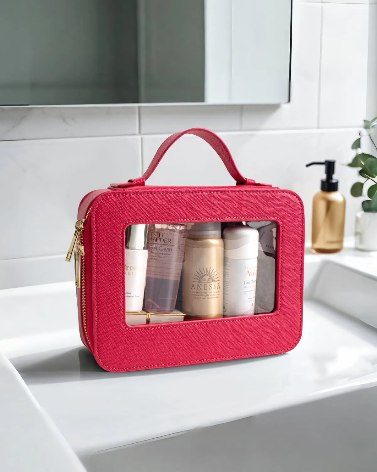 KOTORA Clear Makeup Bag Organizer, Portable Travel Toiletry Bag TSA Approved Toiletry Bag with Handle Large Opening Fit Carry-on Travel Essential Car Accessories for Women Girls (Rose Pink)