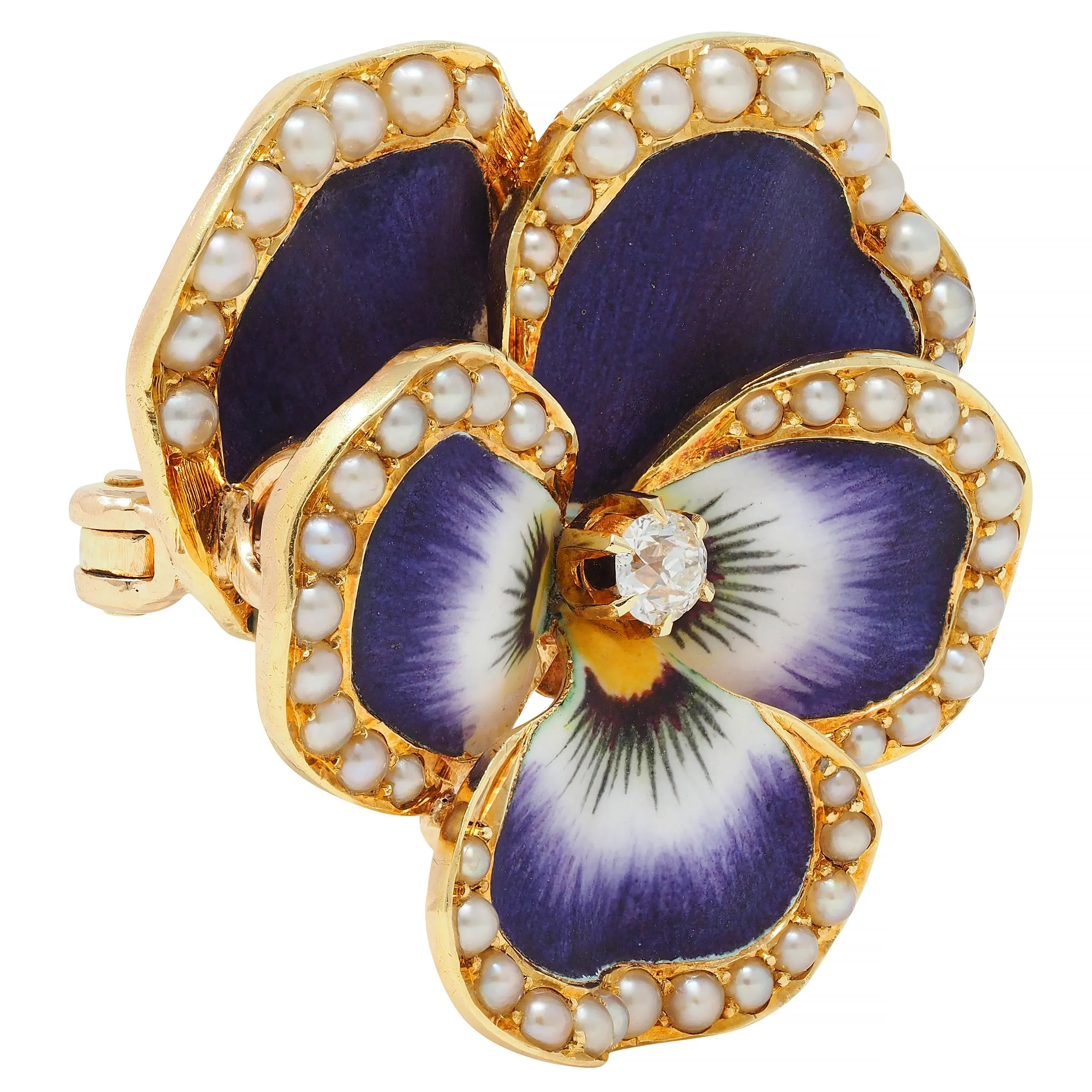 Krementz & Co. Art Nouveau Diamond Enamel 14 Karat Gold Pansy Flower Antique Pendant Brooch