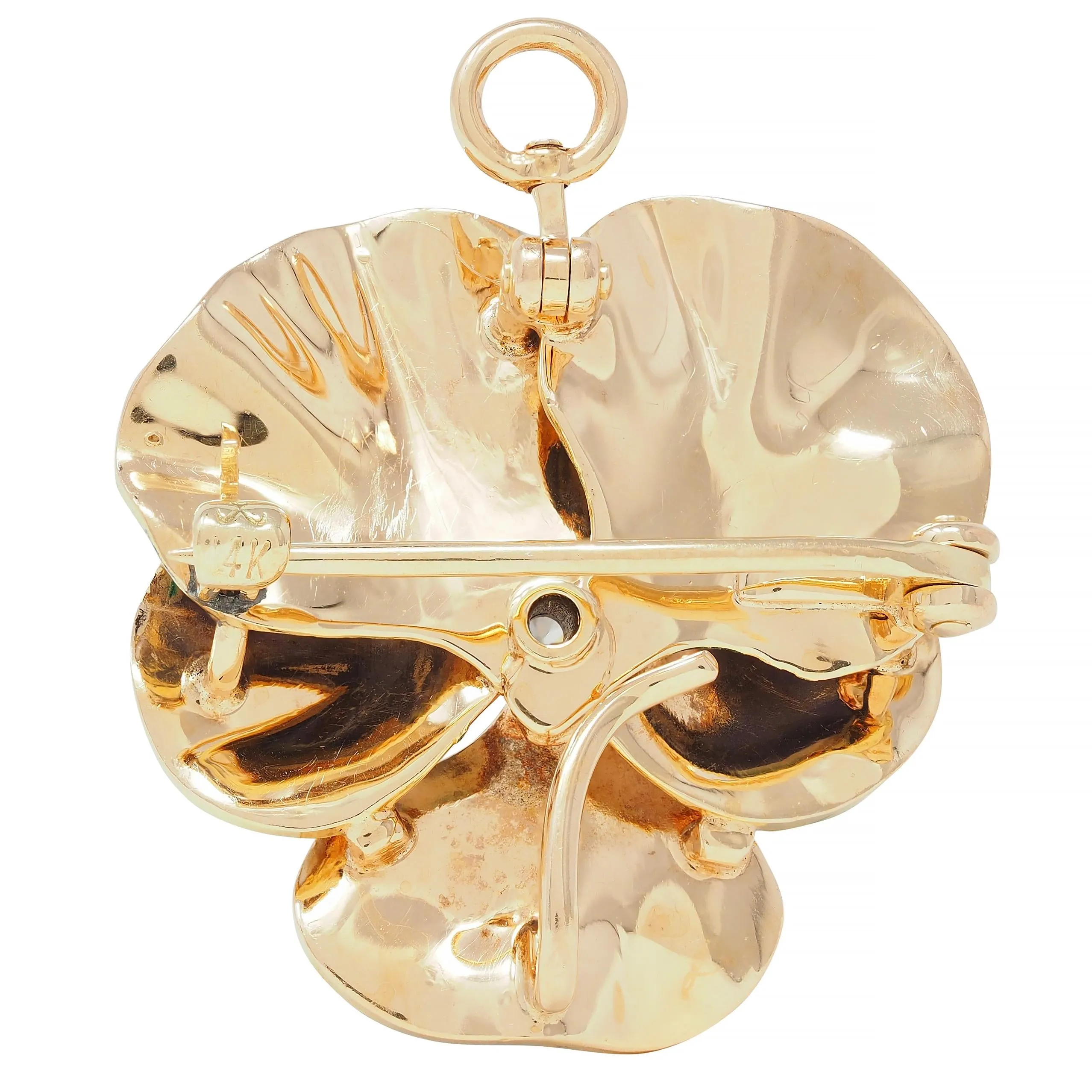 Krementz & Co. Art Nouveau Diamond Enamel 14 Karat Gold Pansy Flower Antique Pendant Brooch