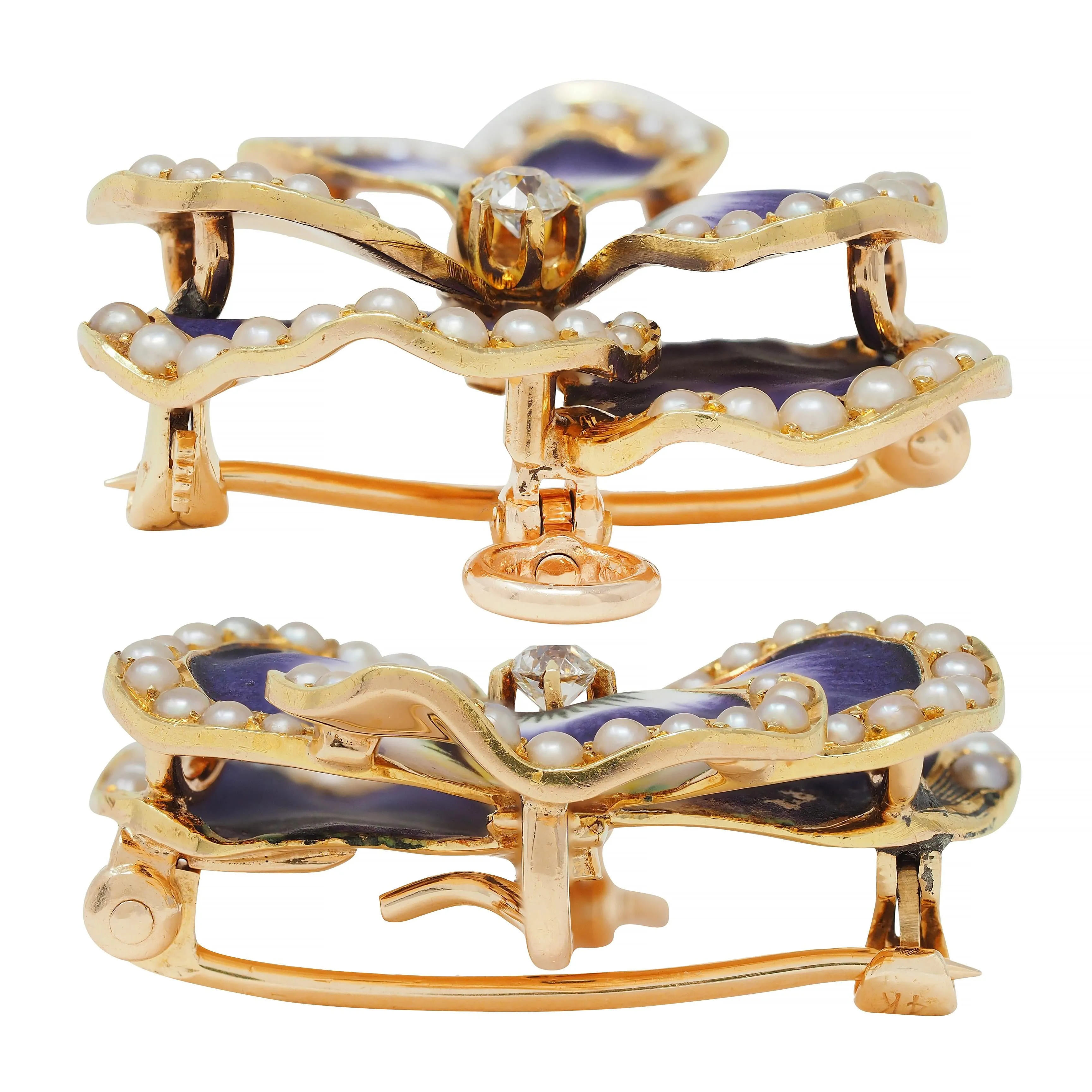 Krementz & Co. Art Nouveau Diamond Enamel 14 Karat Gold Pansy Flower Antique Pendant Brooch