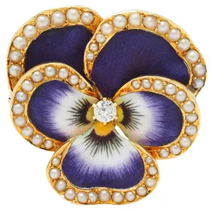 Krementz & Co. Art Nouveau Diamond Enamel 14 Karat Gold Pansy Flower Antique Pendant Brooch