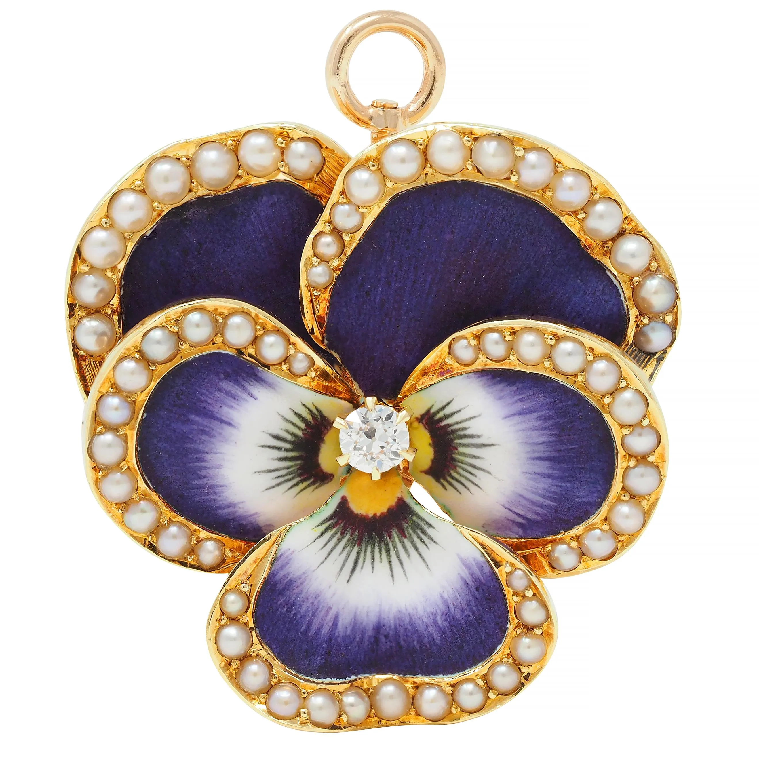Krementz & Co. Art Nouveau Diamond Enamel 14 Karat Gold Pansy Flower Antique Pendant Brooch