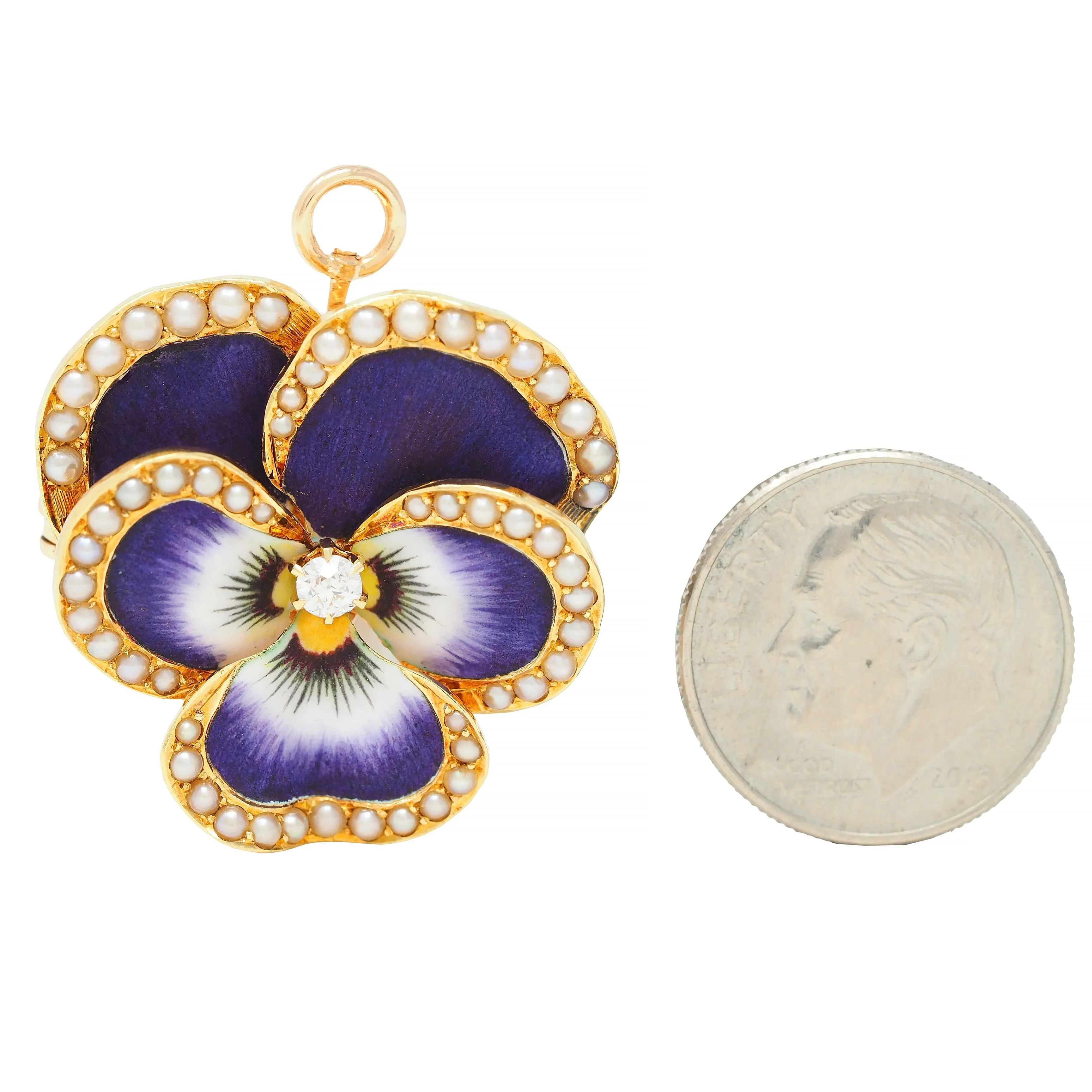 Krementz & Co. Art Nouveau Diamond Enamel 14 Karat Gold Pansy Flower Antique Pendant Brooch
