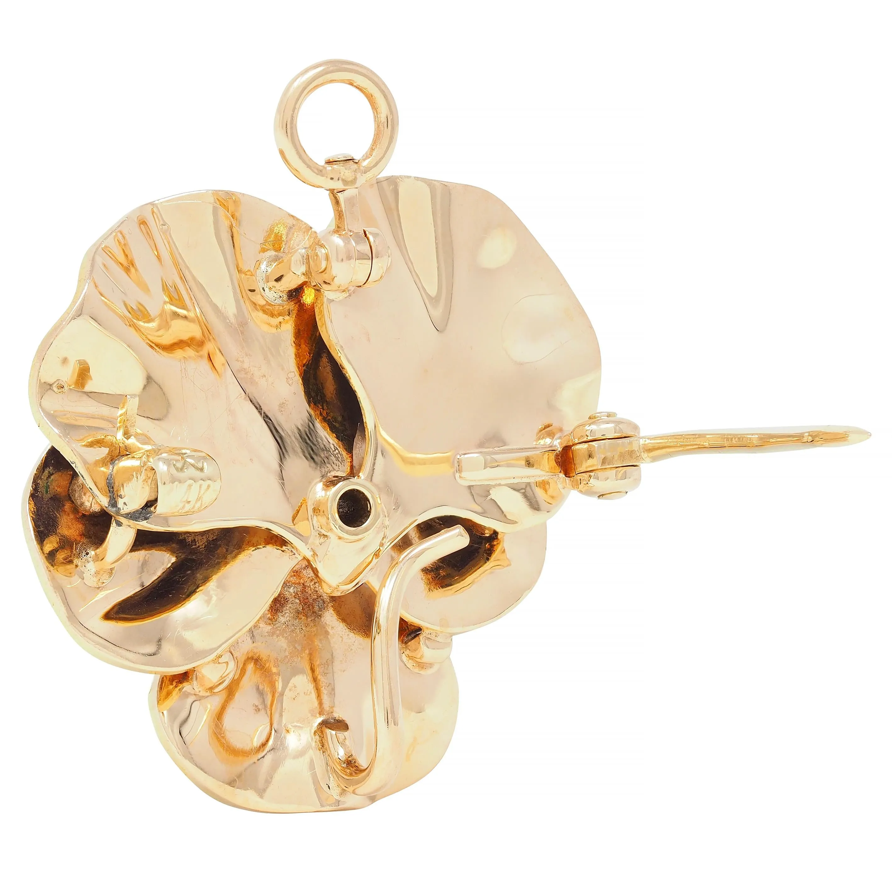 Krementz & Co. Art Nouveau Diamond Enamel 14 Karat Gold Pansy Flower Antique Pendant Brooch
