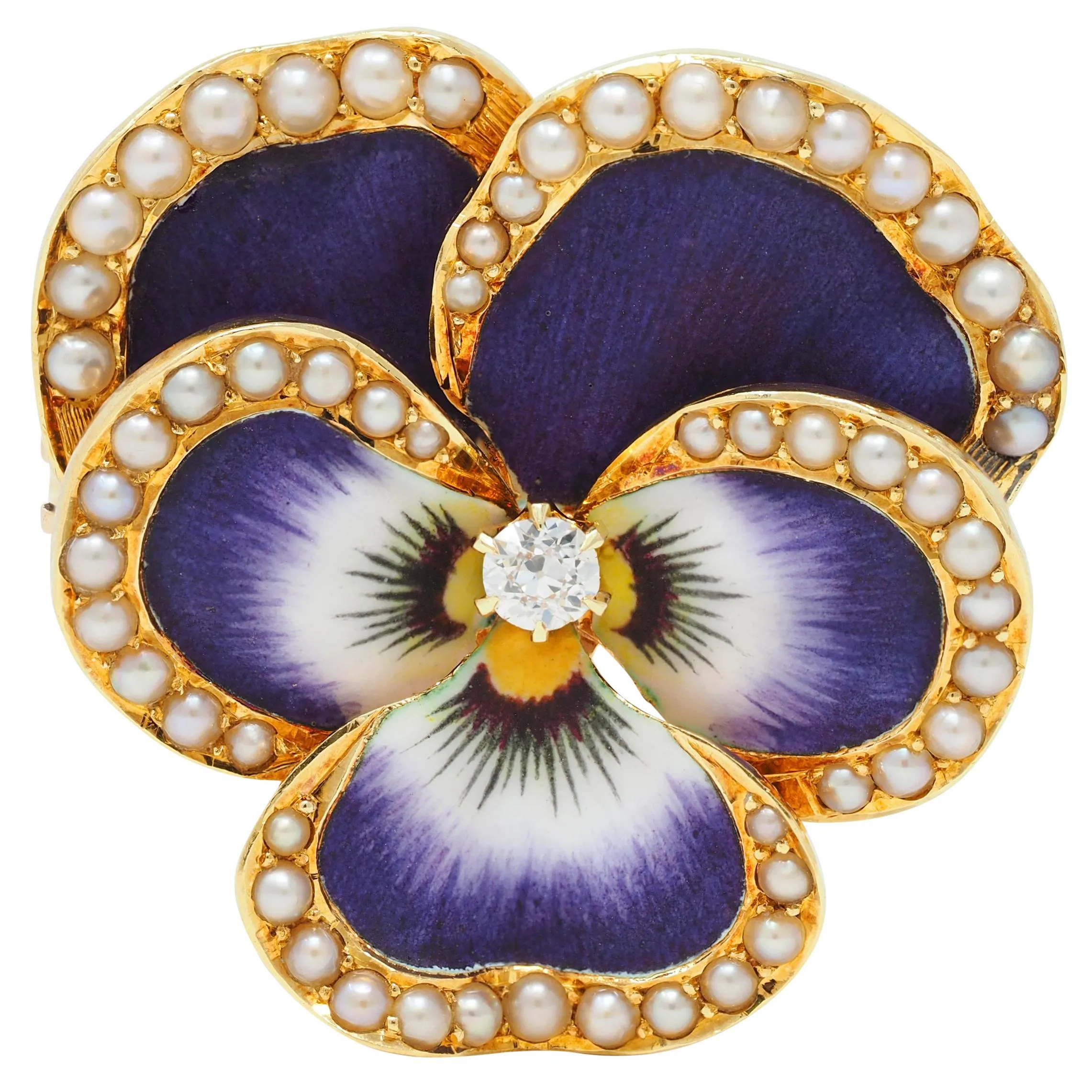 Krementz & Co. Art Nouveau Diamond Enamel 14 Karat Gold Pansy Flower Antique Pendant Brooch