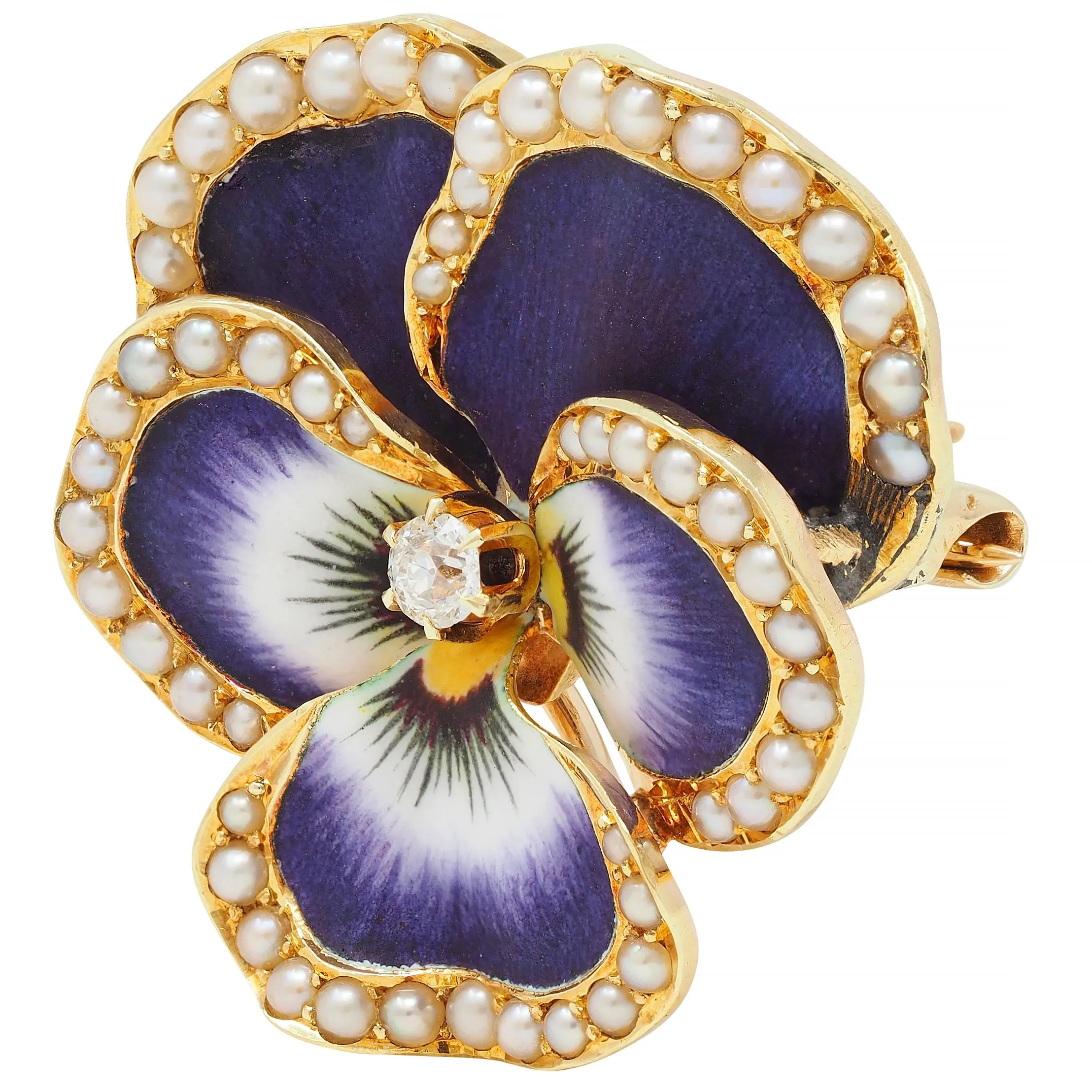 Krementz & Co. Art Nouveau Diamond Enamel 14 Karat Gold Pansy Flower Antique Pendant Brooch