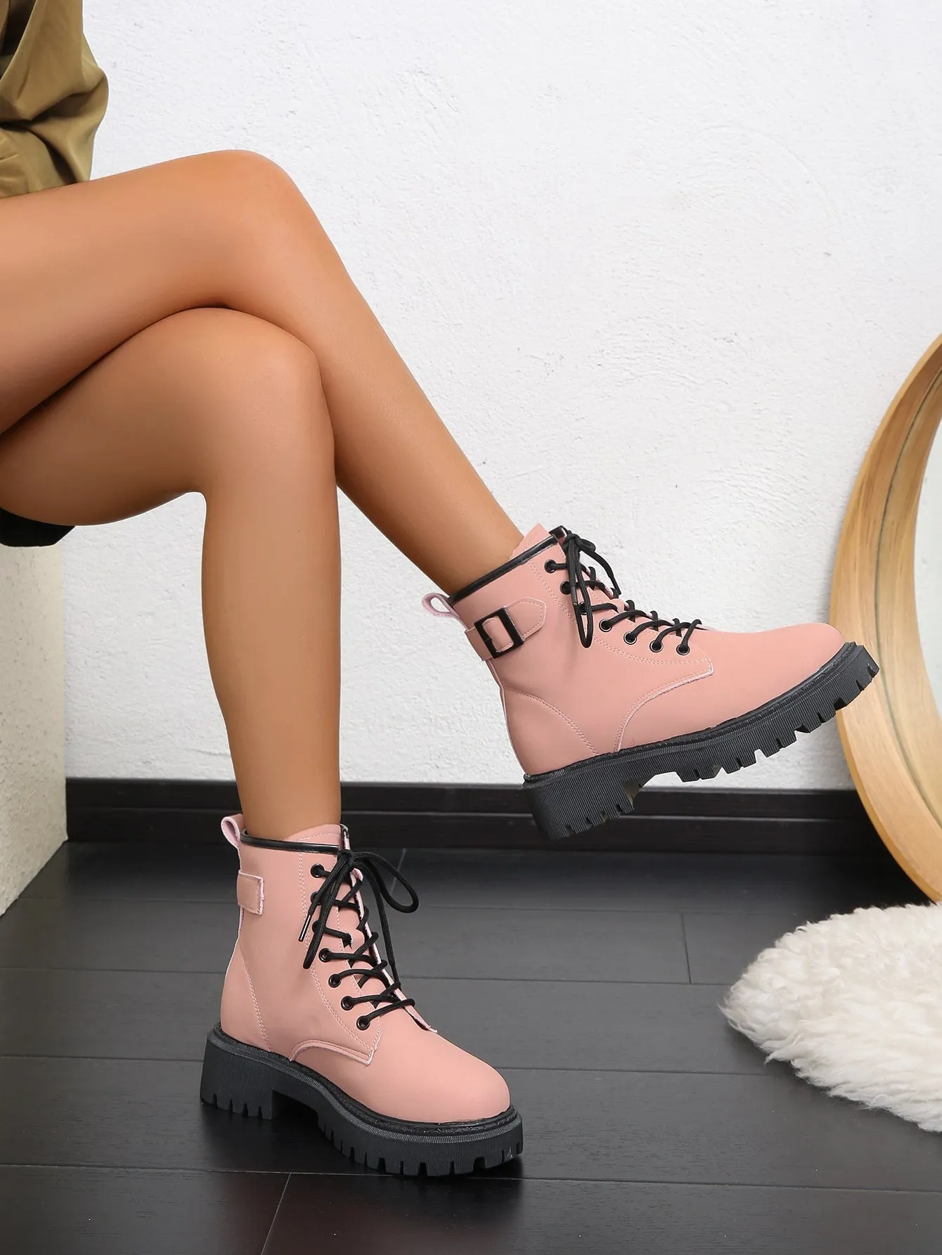 Lace-up Front Combat Boot - Pink