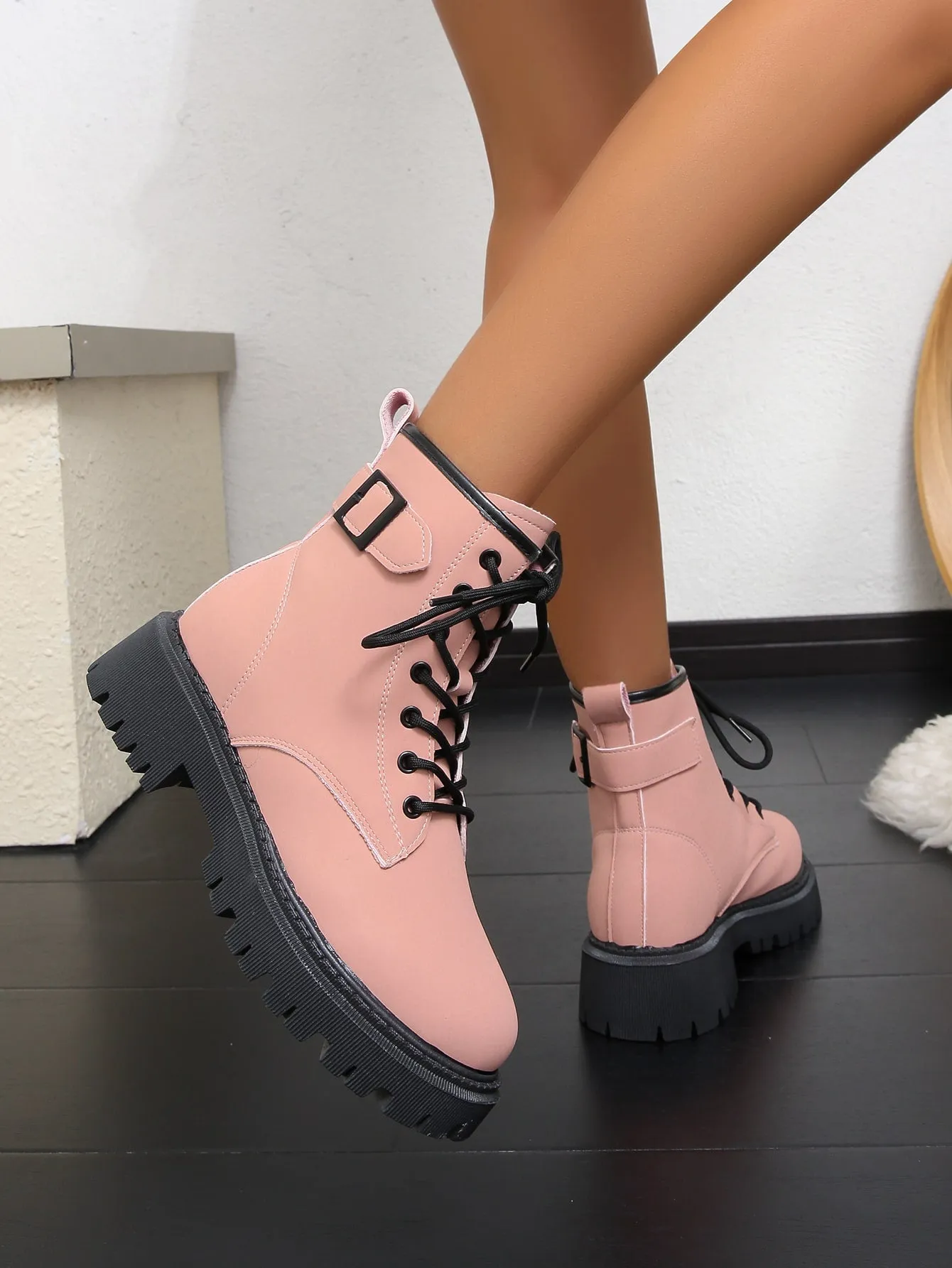 Lace-up Front Combat Boot - Pink