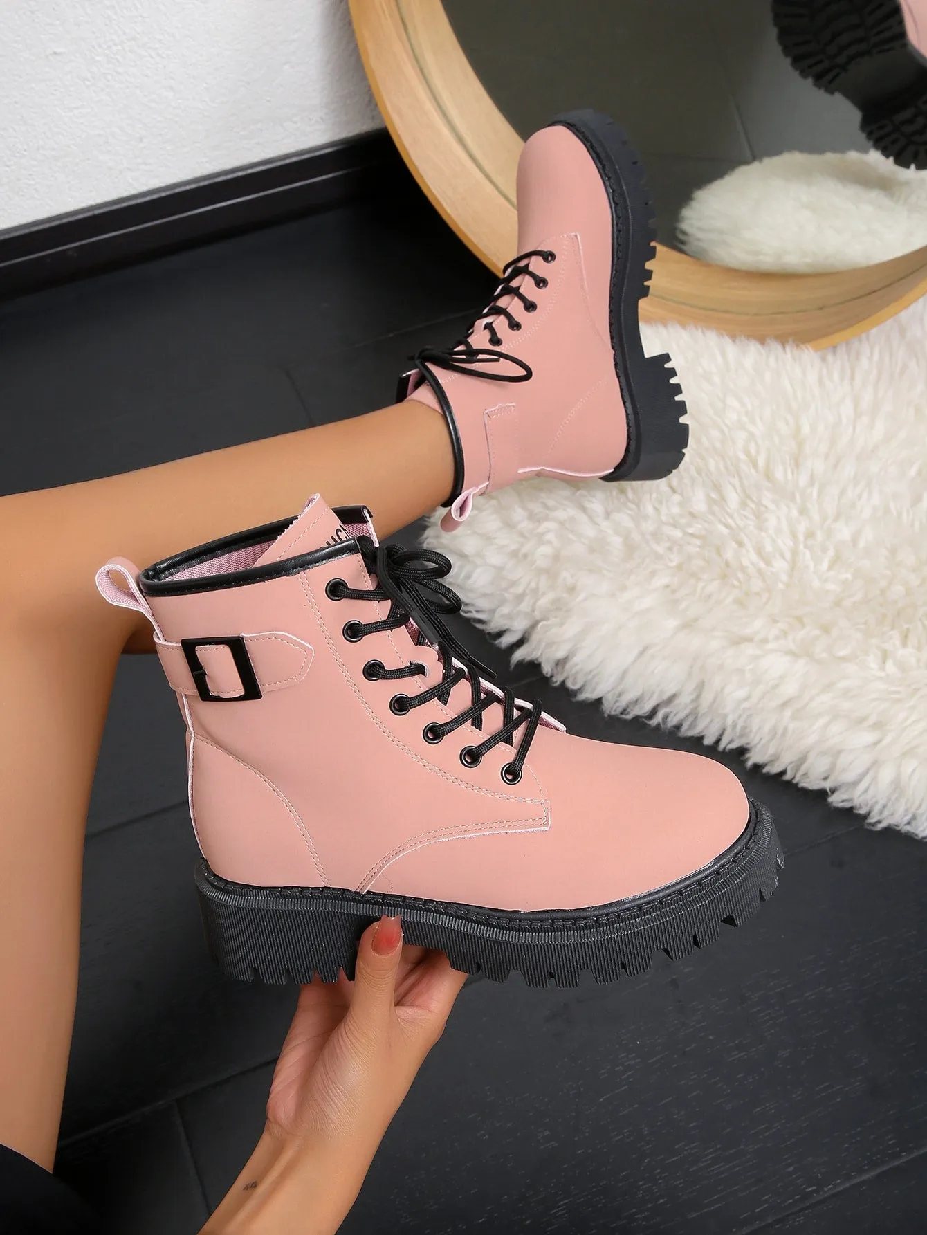 Lace-up Front Combat Boot - Pink