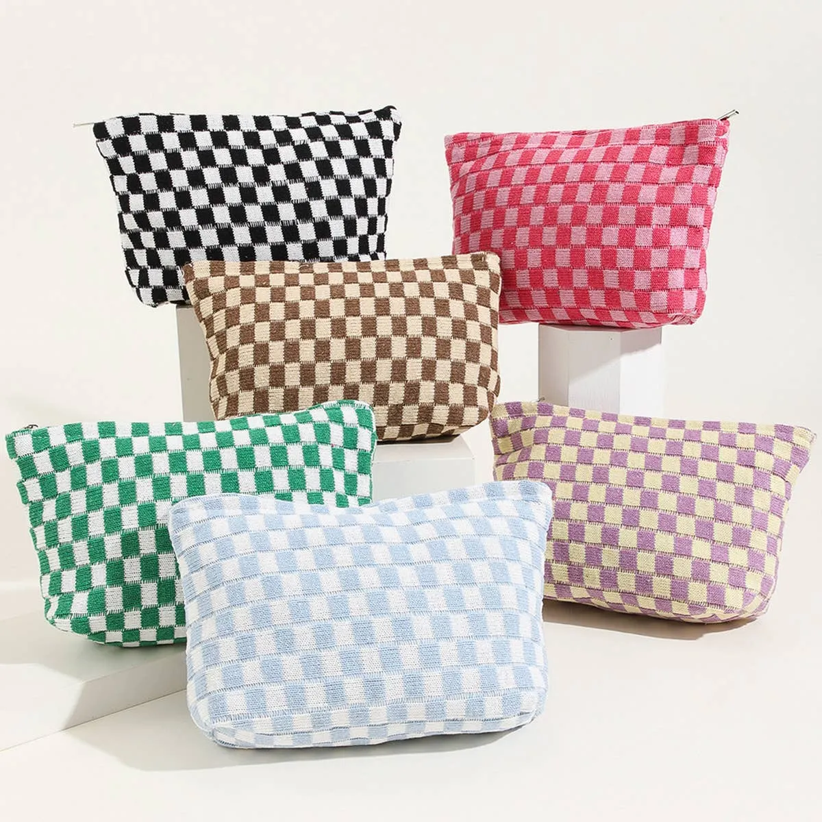 LARGE PLAID WASH BAG COSMETIC BAG_CWAB1034: Blue / (OS) 1