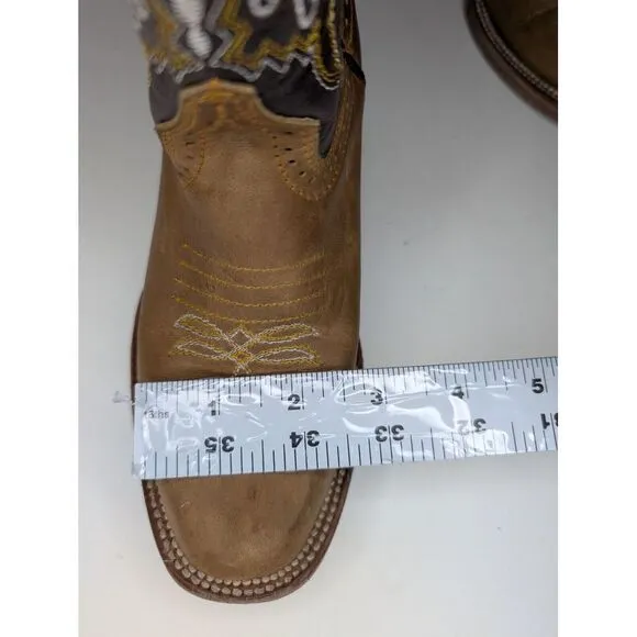 Leather Cowboy Boots Kids US Size 1/ Mexico 21 Butterfly Embroidered Brown/ Tan