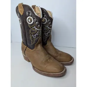 Leather Cowboy Boots Kids US Size 1/ Mexico 21 Butterfly Embroidered Brown/ Tan