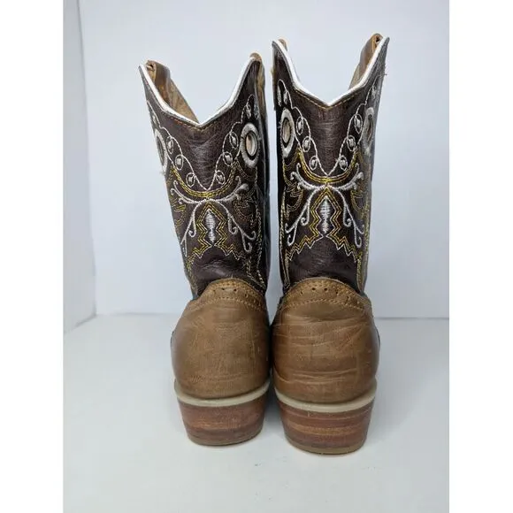Leather Cowboy Boots Kids US Size 1/ Mexico 21 Butterfly Embroidered Brown/ Tan