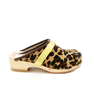 Leopard  Print & Wood Handmade Clogs With Gold Strap (Pre-Order)