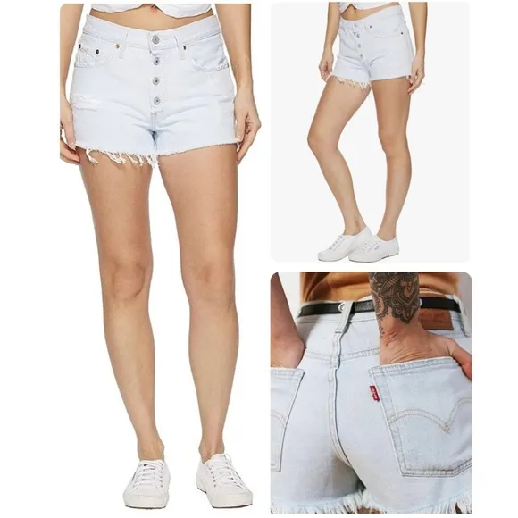 Levi’s 501 High Rise Exposed Button Fly Light Washed Denim Shorts Size 25