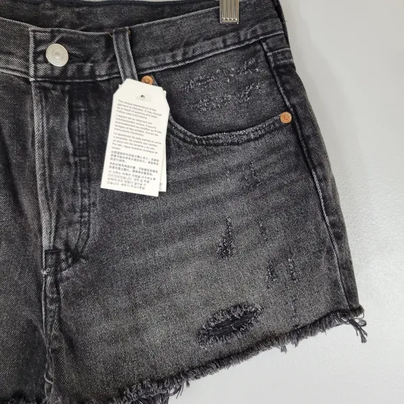 LEVI'S 501 Trashed Black distressed button fly raw hem denim shorts NEW
