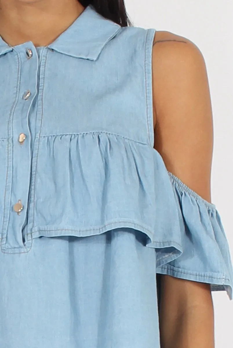 Light Blue Denim Cold Shoulder Top - Elizabeth