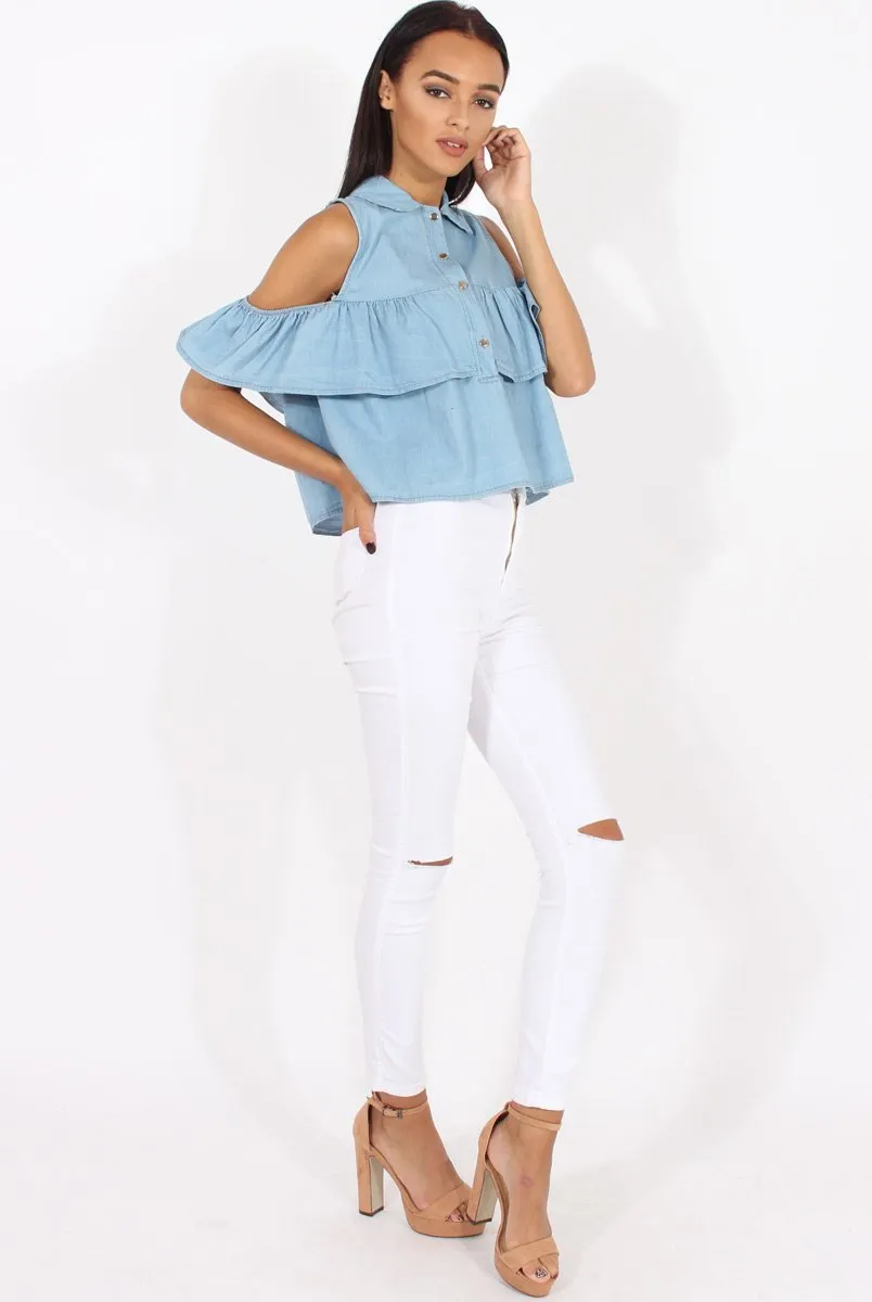 Light Blue Denim Cold Shoulder Top - Elizabeth