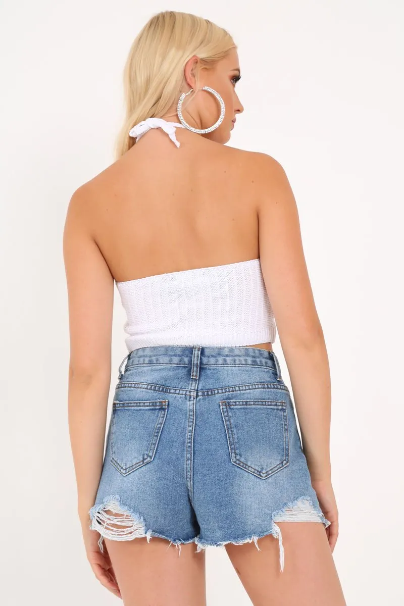 Light Blue Distressed Angle Hem Shorts - Evanne