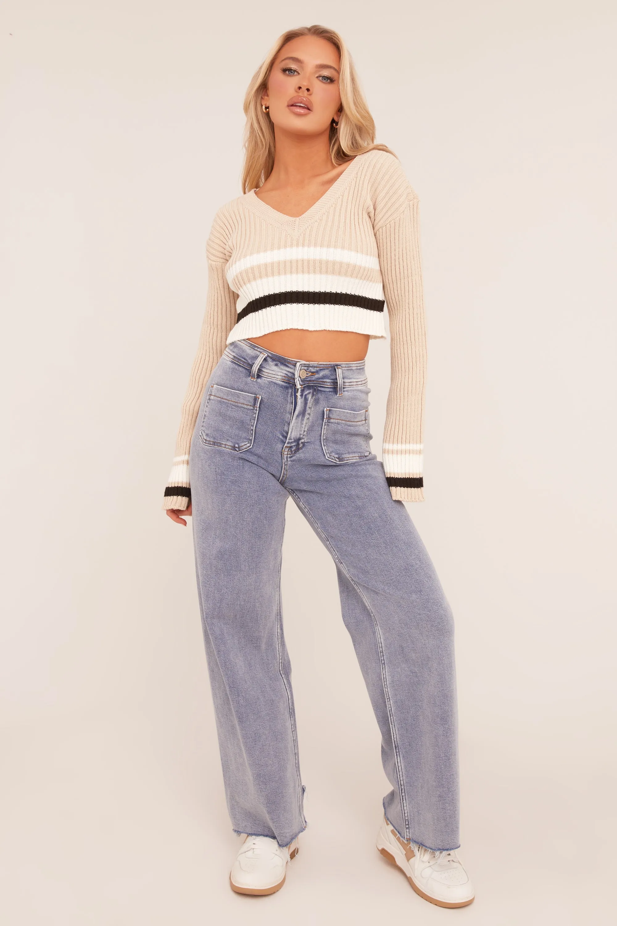 Light Blue Stretch Pocket Detail Straight Leg Jeans - Aubrey