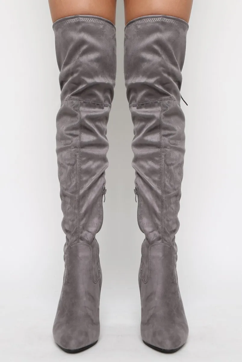 Light Grey Suede Drawstring Over The Knee Boots - Joni