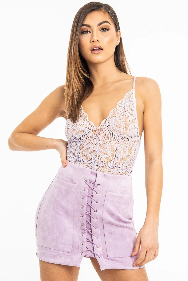 Lilac Faux Suede Lace Up Mini Skirt - Evelise