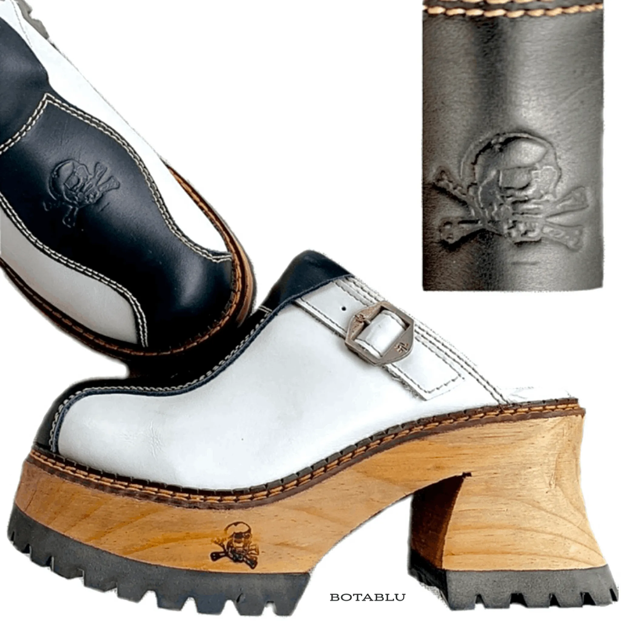 LONDON UNDERGROUND Rare Skull Platform Chunky Wooden Heel Lug Sole Clogs