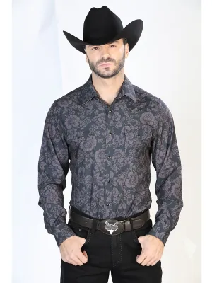 Long Sleeve Denim Shirt with Black Floral Print Brooches for Men 'The Lord of the Skies' - ID: 44100