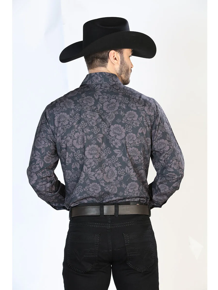 Long Sleeve Denim Shirt with Black Floral Print Brooches for Men 'The Lord of the Skies' - ID: 44100