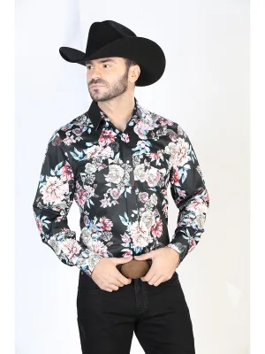 Long Sleeve Denim Shirt with Black/Pink Floral Print Brooches for Men 'The Lord of the Skies' - ID: 44111