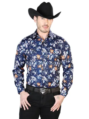 Long Sleeve Denim Shirt with Blue Floral Print Brooches / Flowers for Men 'The Lord of the Skies' - ID: 43957
